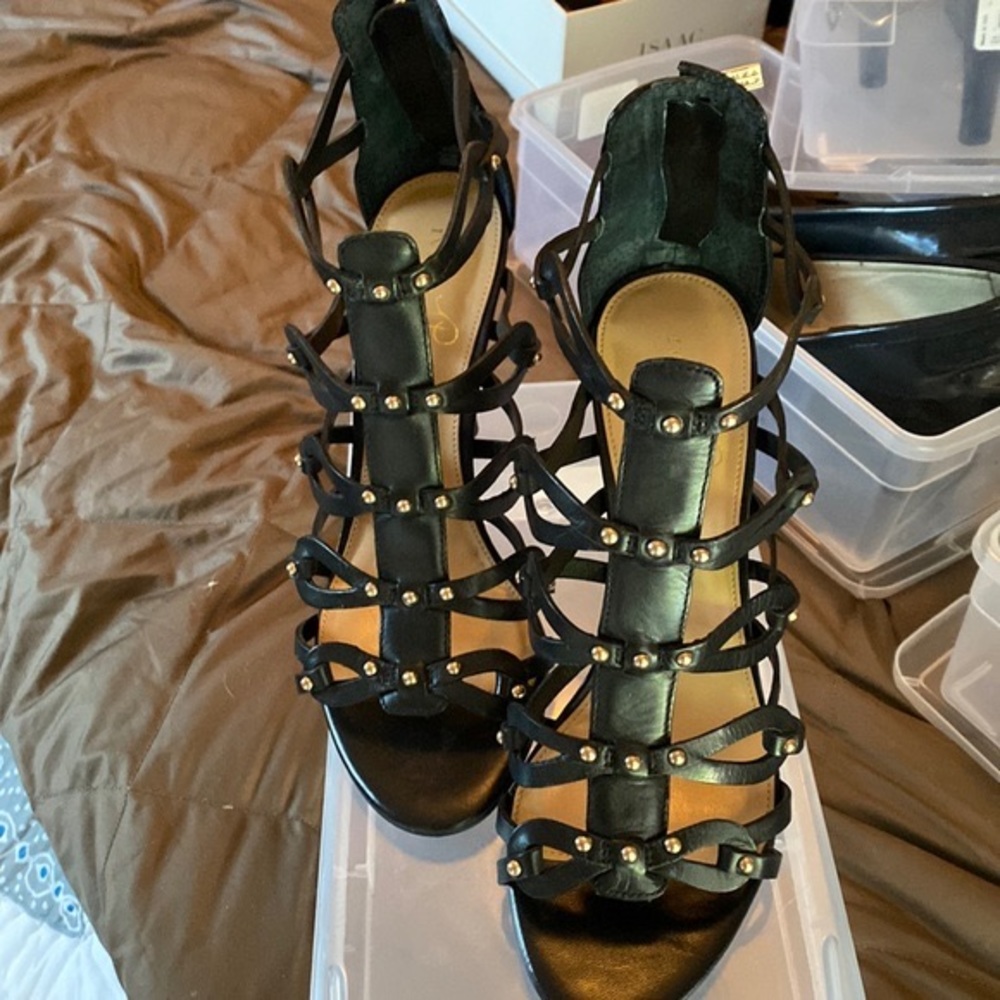 Ivanka Trump Black Leather Malloire Gladiator Stiletto Heels w/gold trim